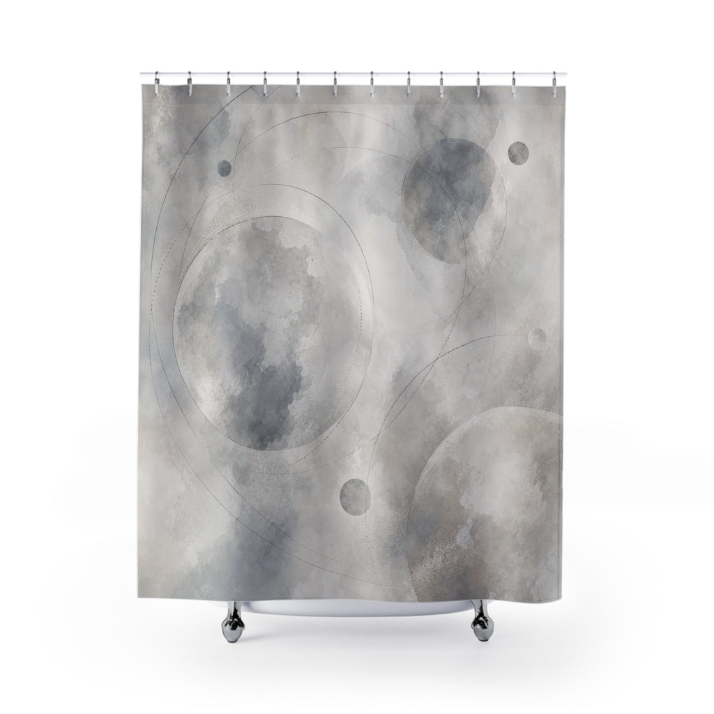Celestial Shower Curtain, Gray Moon Bath Decor, Abstract Circle Pattern, Soft Modern Guest Bathroom Decor, Minimal Space Moon Style