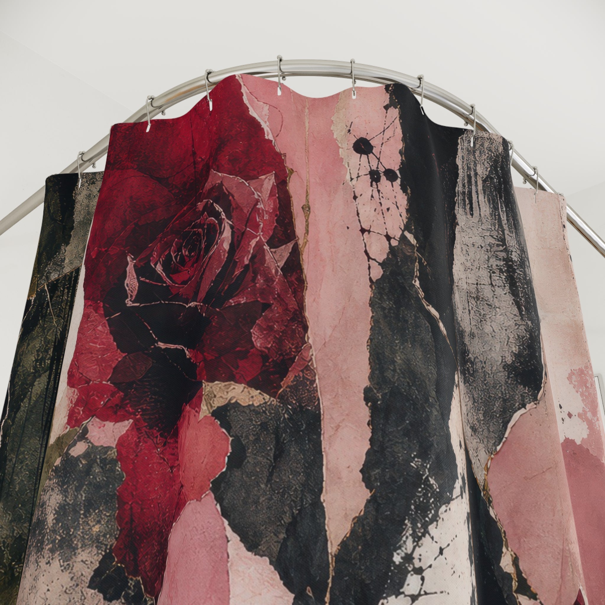 Dark Floral Shower Curtain, Red Rose Abstract Art, Black White Bathroom Decor, Moody Botanical Bath, Modern Romantic Decor, Guest Bath