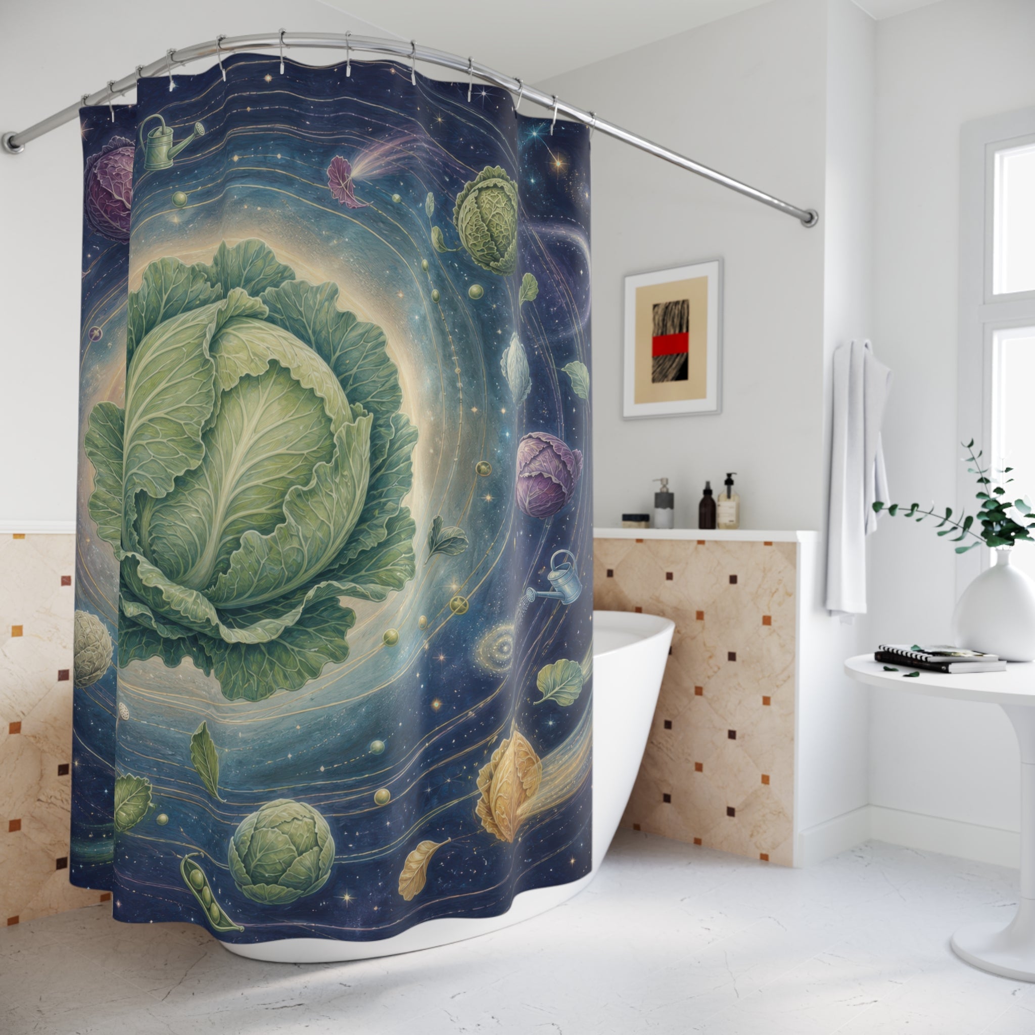 Whimsical cabbage planetarium with orbiting vegetables shower curtain beside a freestanding tub