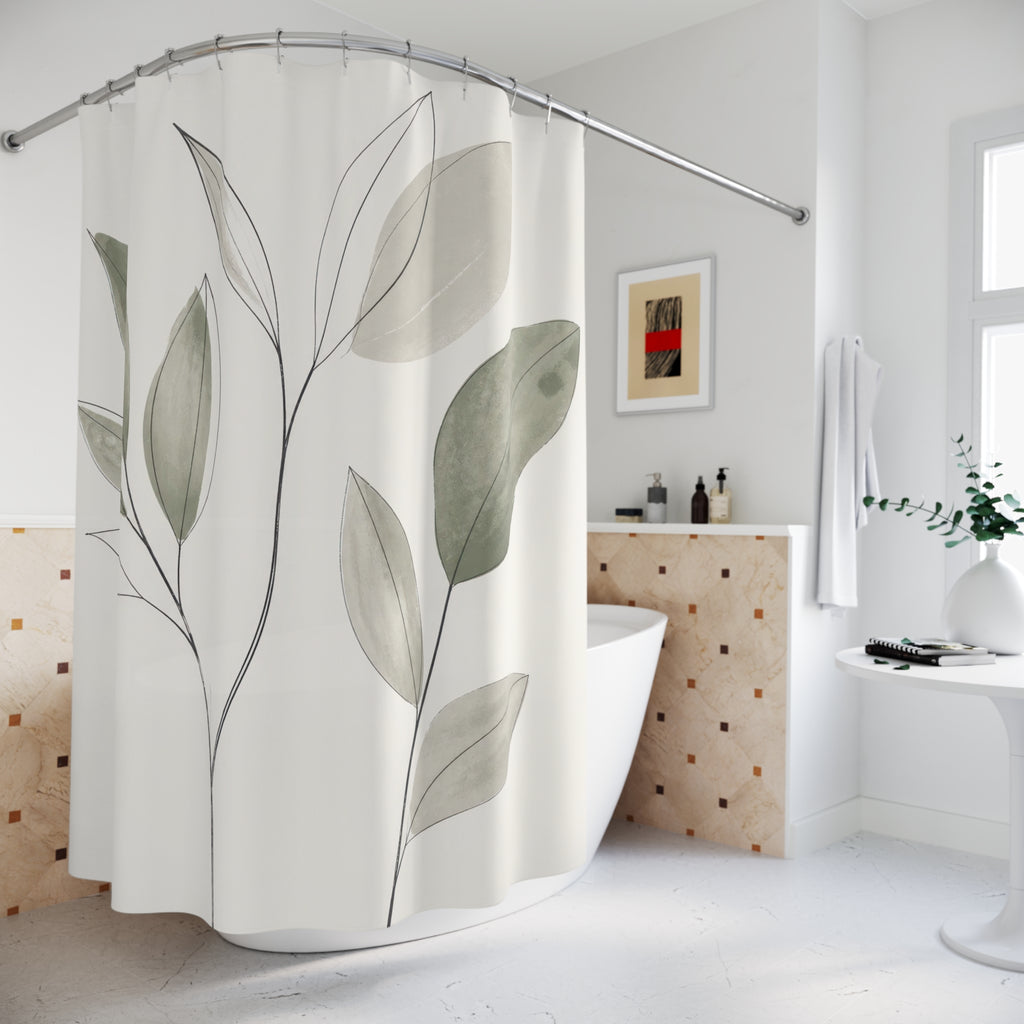 Sage Green Leaf Line Art Shower Curtain