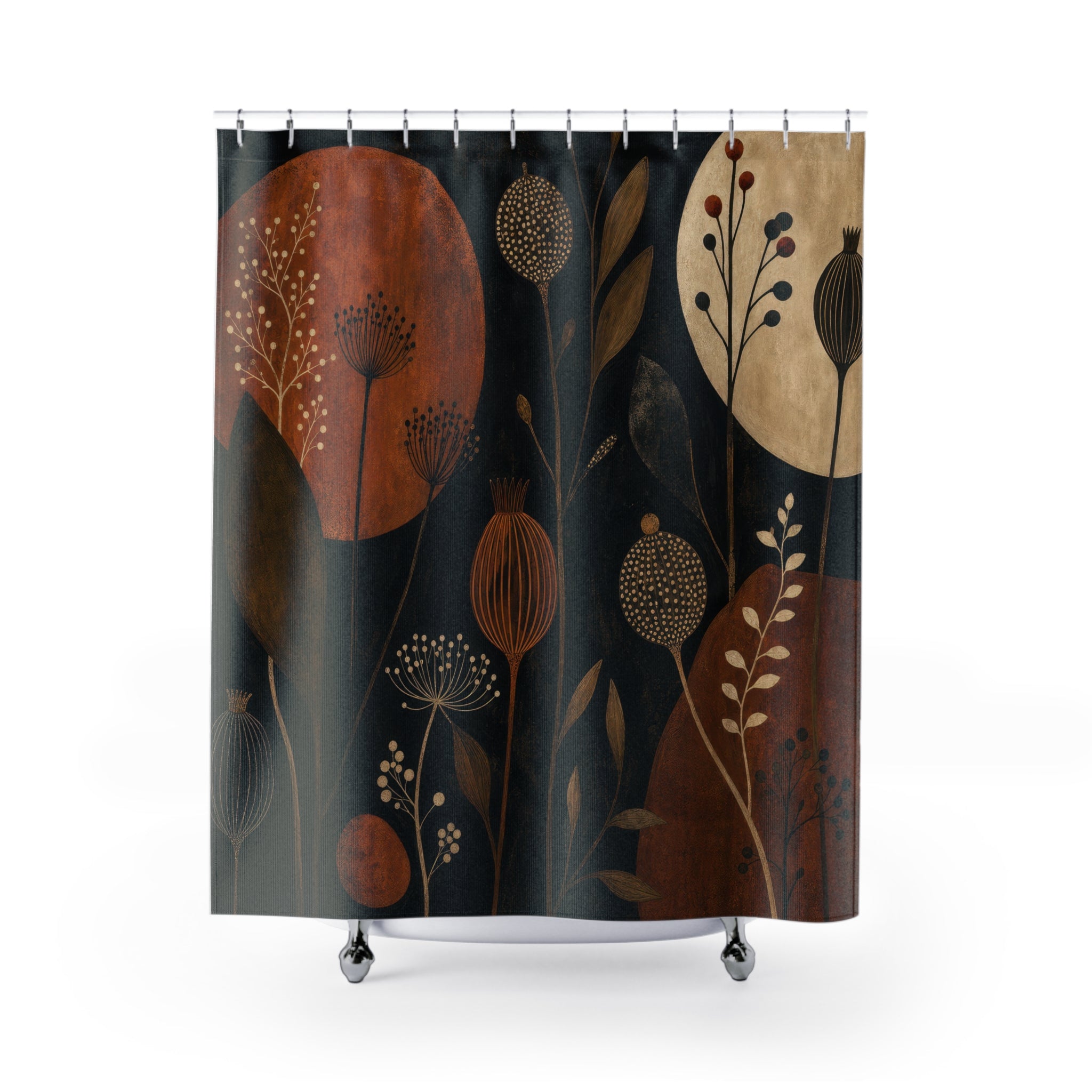 Rust Orange Moon Black Botanical Shower Curtain