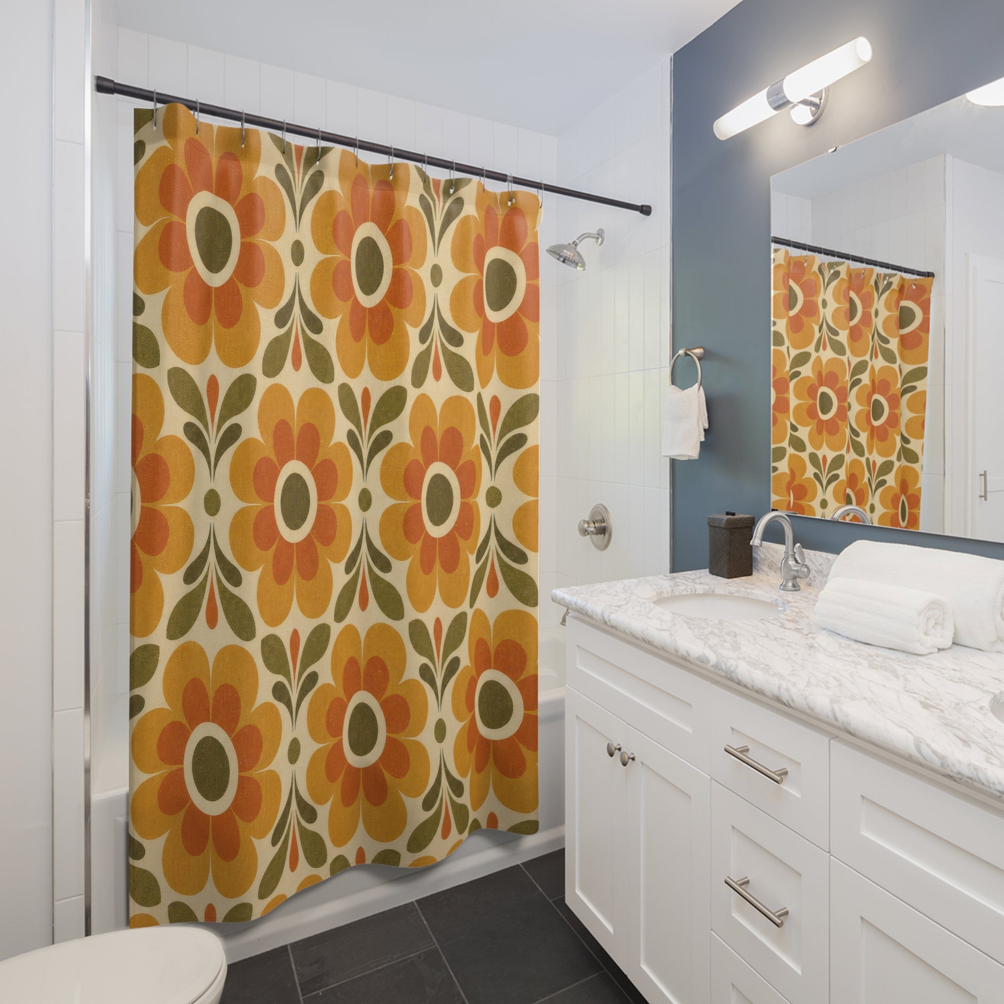 Orange 70s Flower Power Retro Floral Shower Curtain