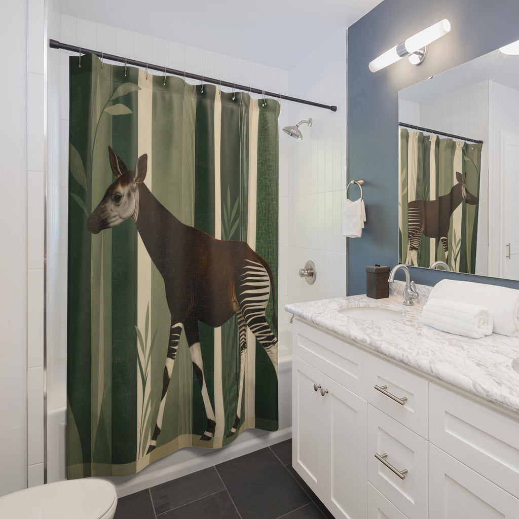 Okapi animal crossing a forest green vertical grove shower curtain beside a white vanity