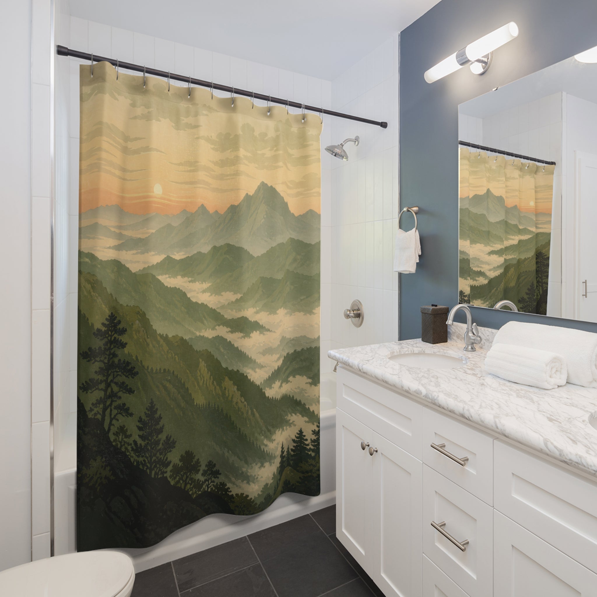 Misty Olive Mountain Ridge Shower Curtain