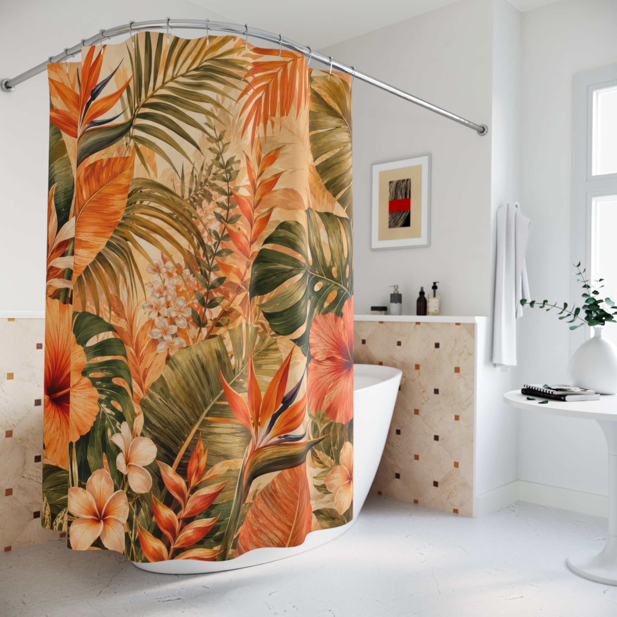 Orange Tropical Shower Curtain: Hibiscus Palm Leaf