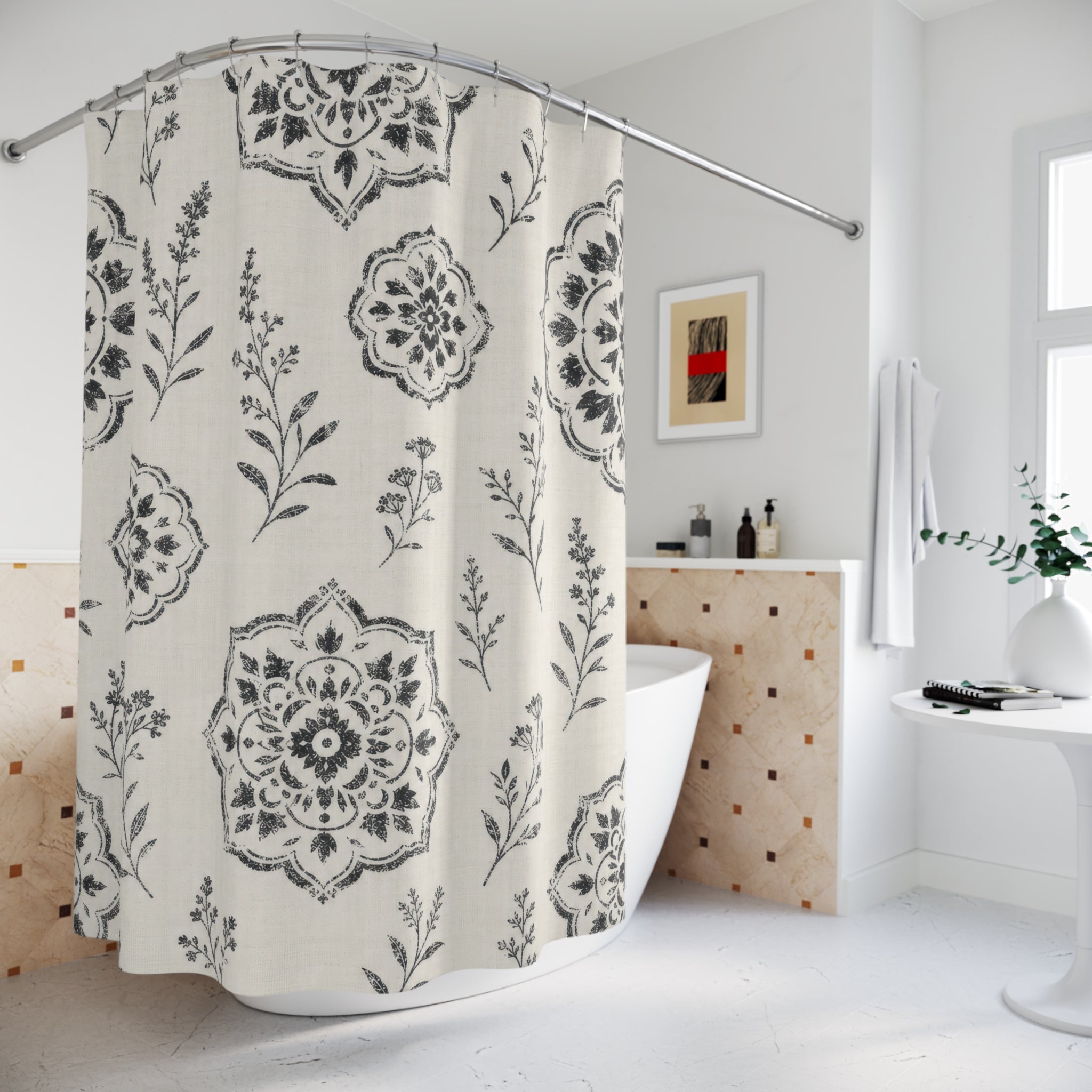 Black White Botanical Medallion Farmhouse Shower Curtain