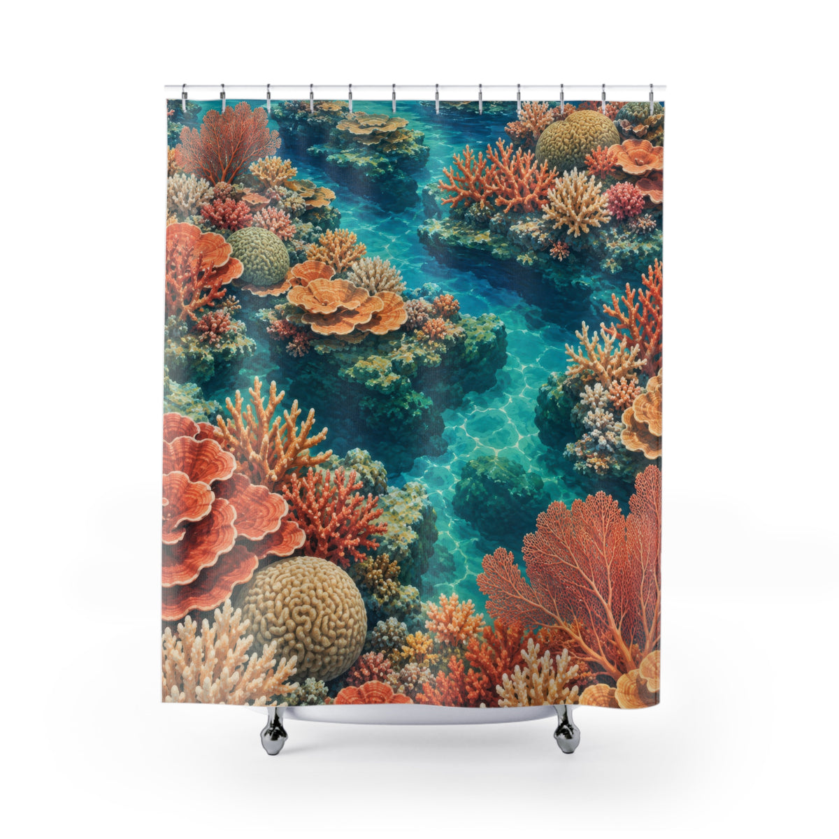 Terracotta coral reefs in turquoise water shower curtain with full front view