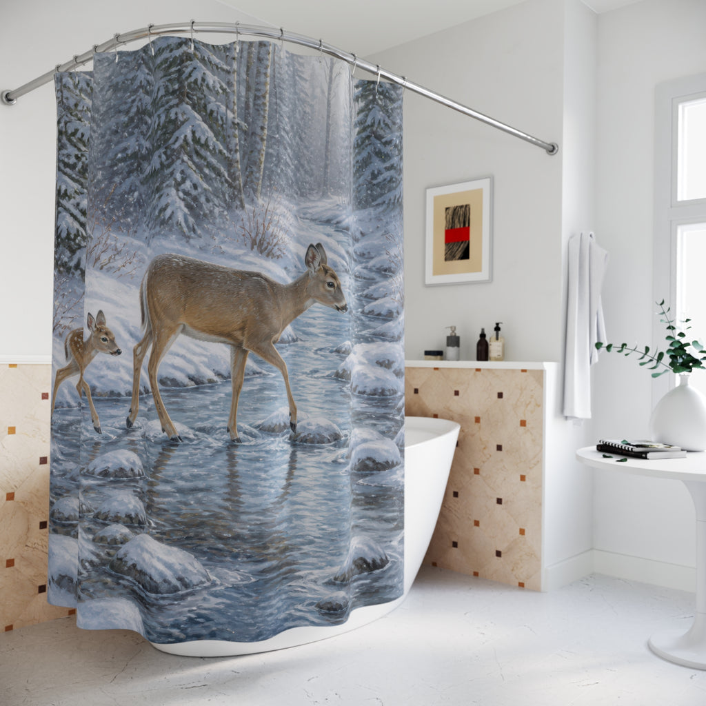 Doe and fawn crossing icy creek shower curtain beside a freestanding tub