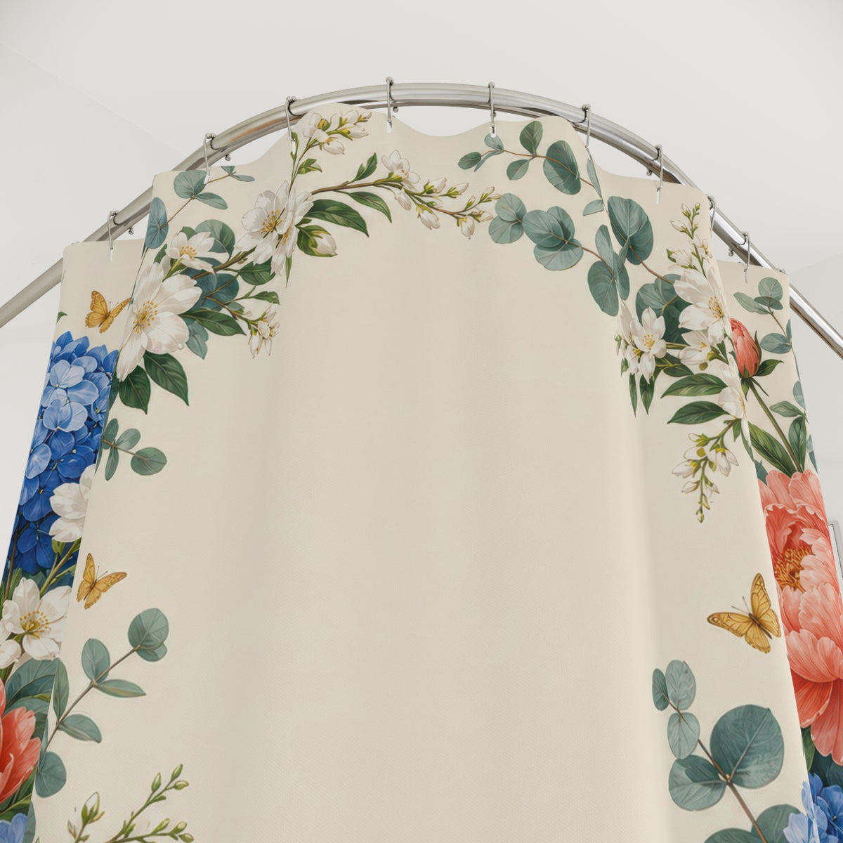 Best Signature Hydrangea Peony Garden shower curtain with close-up print, hooks, and folds