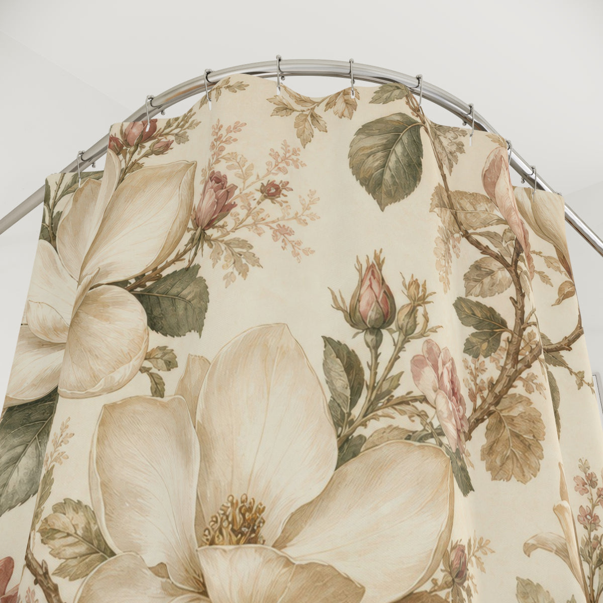 White Rose Vintage Botanical magnolia shower curtain with close-up print, hooks, and folds