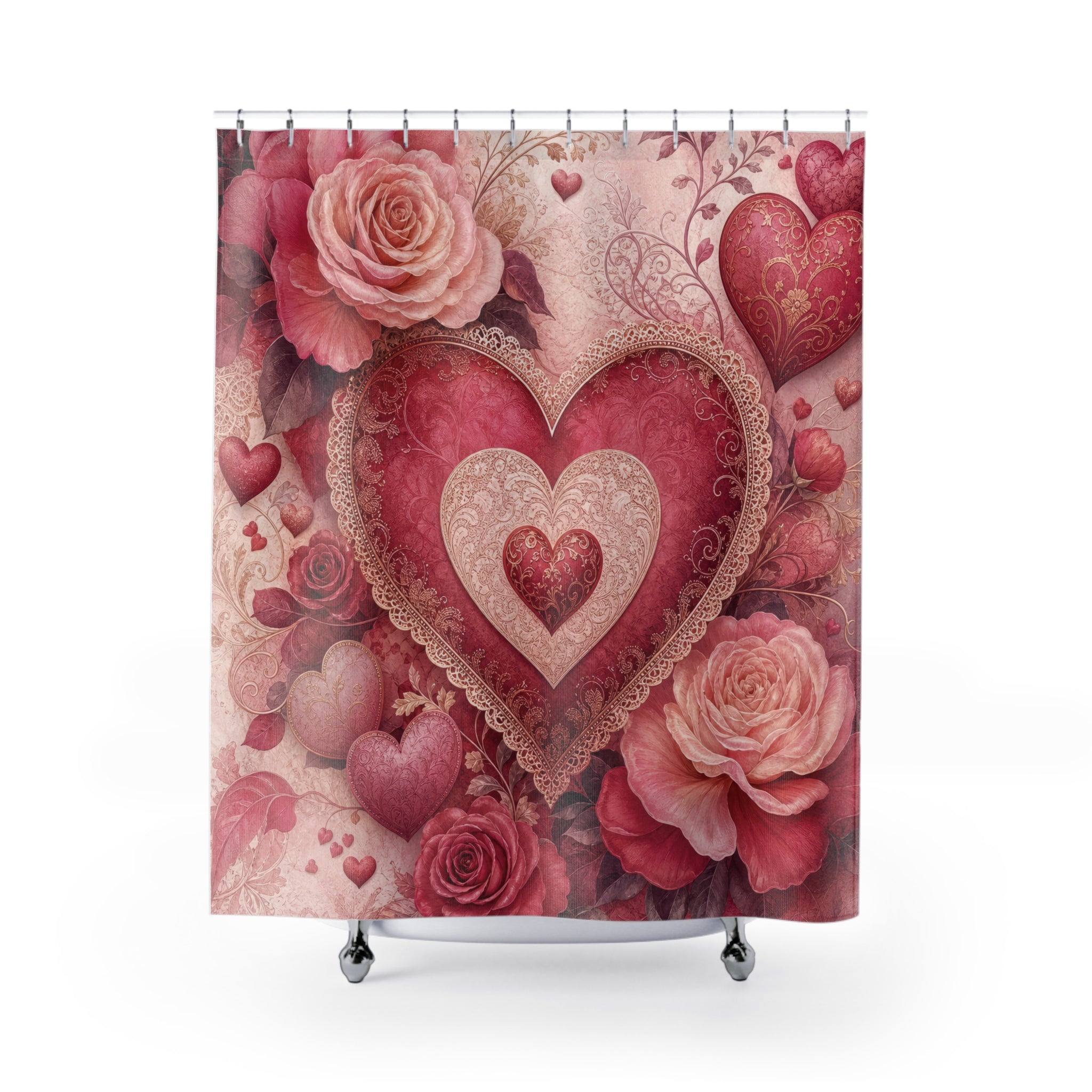 Valentine Shower Curtain: Pink Heart Rose Floral
