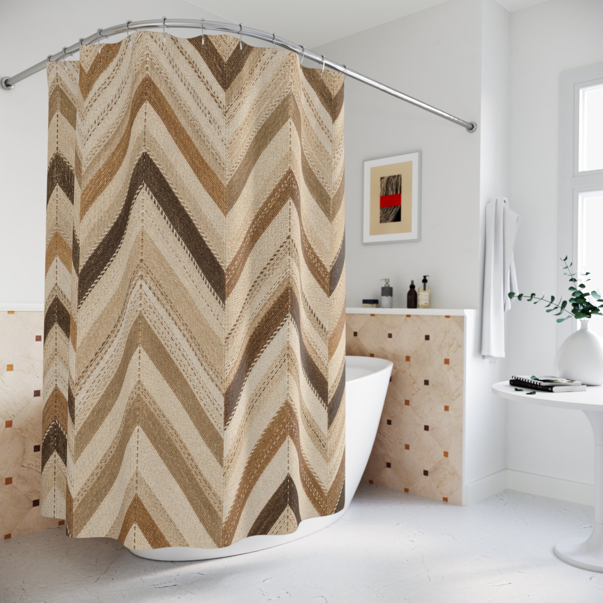 Brown Beige Herringbone Stripe Shower Curtain