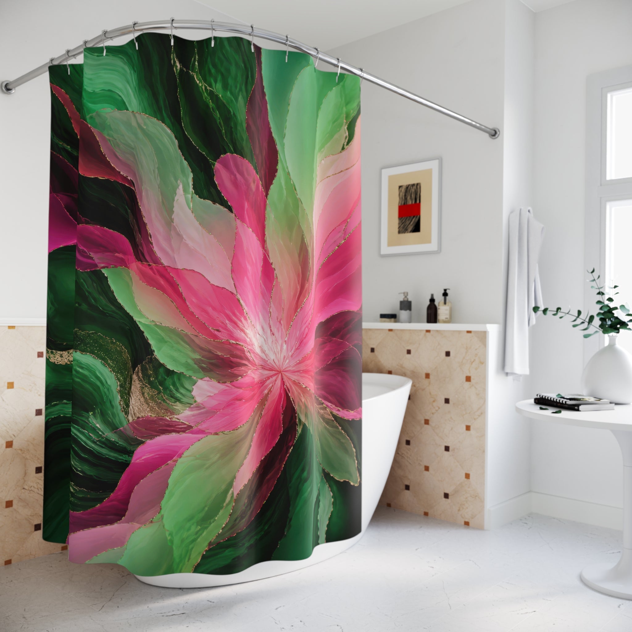 Green and pink radiating jewel bloom shower curtain beside a freestanding tub