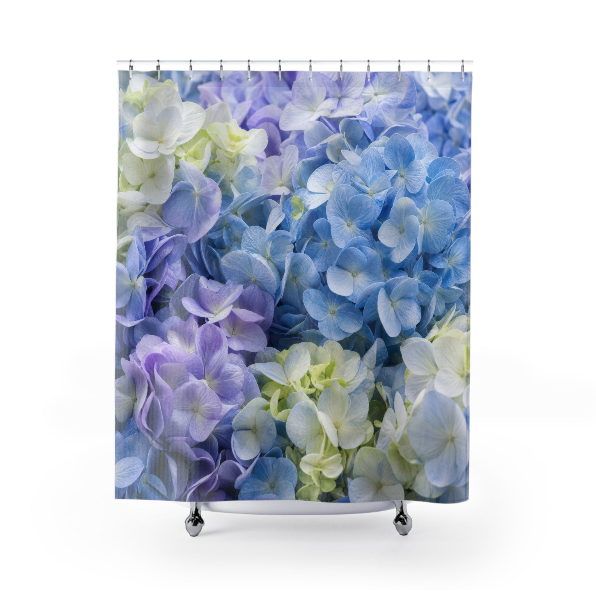 Blue Flower Shower Curtain, Hydrangea Floral Bath Decor, Soft Botanical Pattern, Garden Guest Bathroom Decor, Pastel Bloom Style Decor