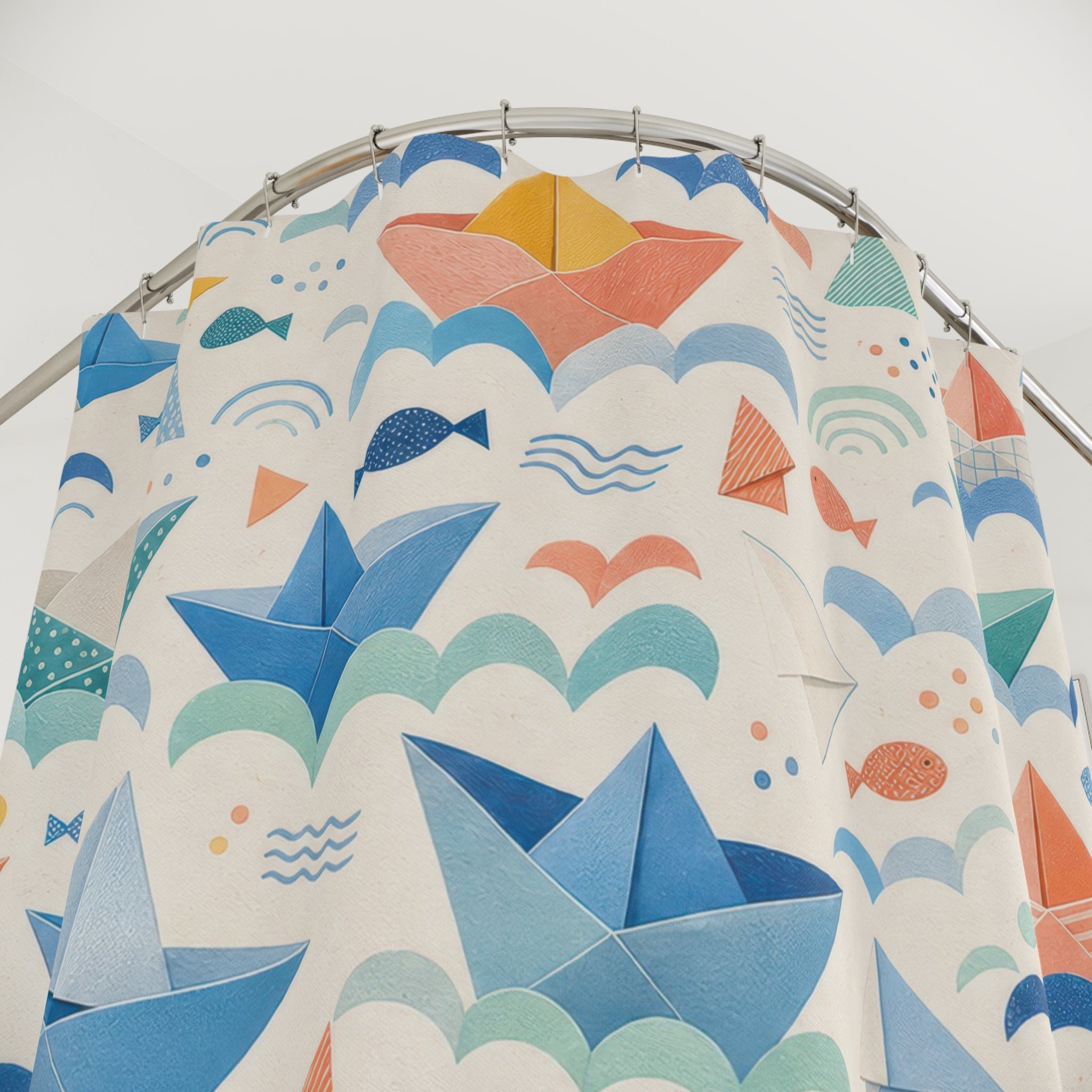 Kids Paper Boat Shower Curtain, Blue Wave Nautical Pattern, Soft Nursery Bathroom Decor, Blue Coastal Wall Decor Guest Bath Wall Gift