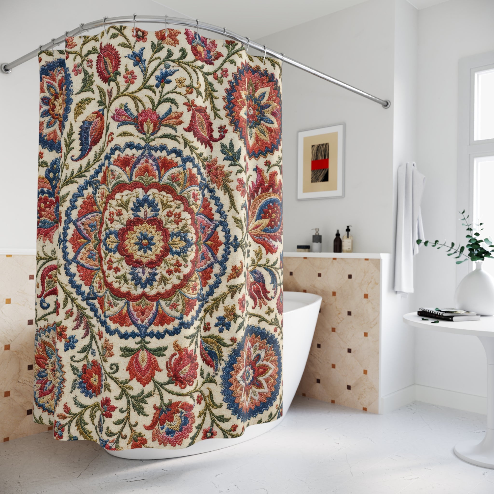 Suzani Shower Curtain: Boho Floral Mandala