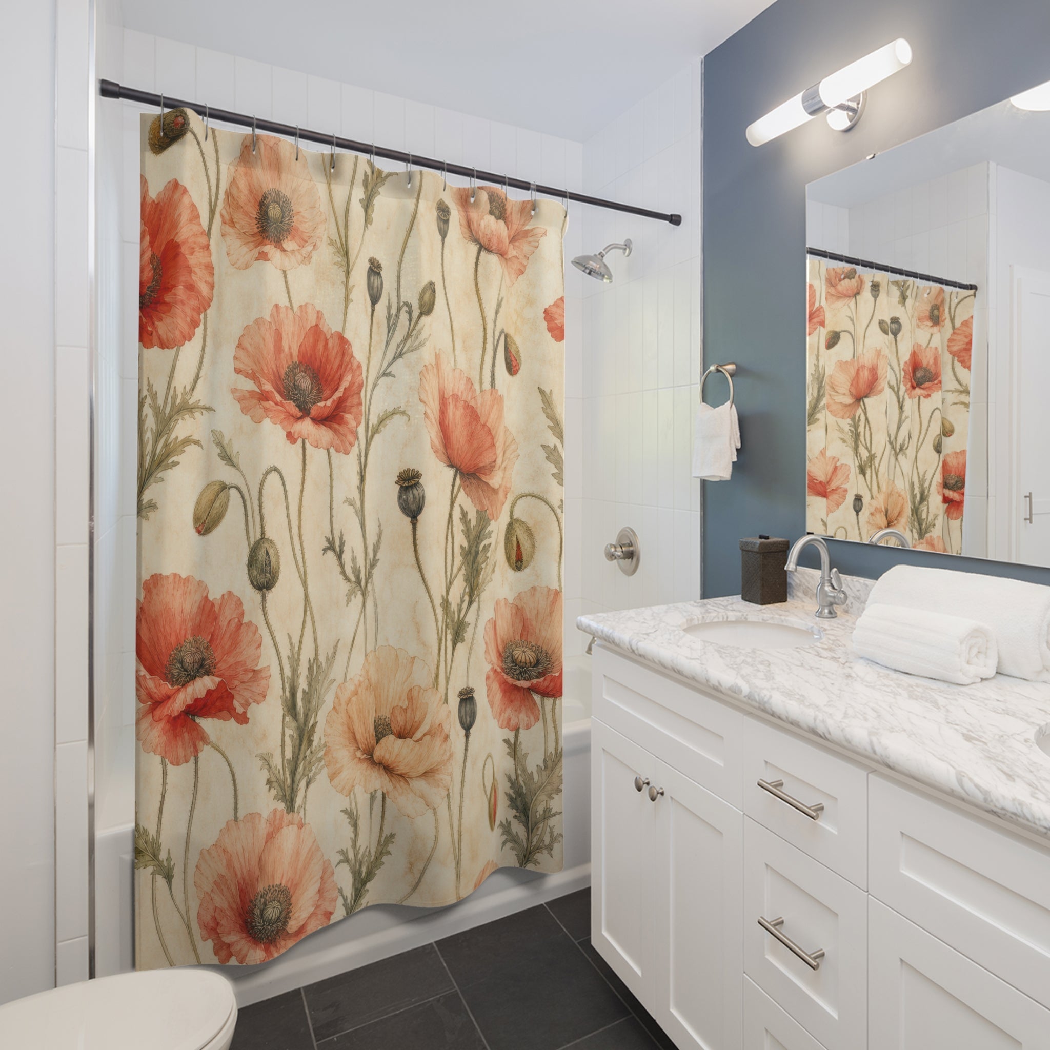 Vintage Red Orange Floral Shower Curtain