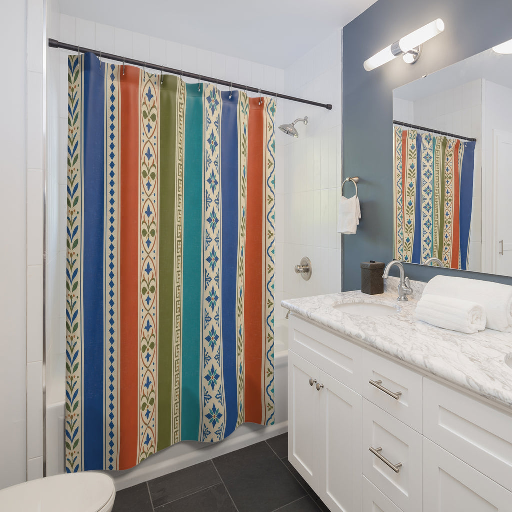 Blue Yellow Geometric Column Stripe Shower Curtain