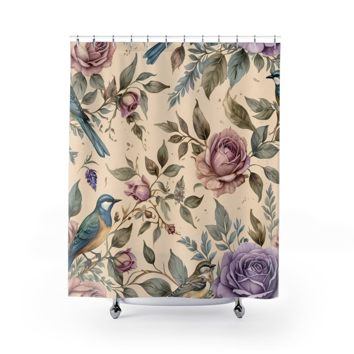 Watercolor Blue Bird and Rose shower curtain with full front view