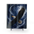 Bald eagle in flight across a navy moonlit sky shower curtain with full front view