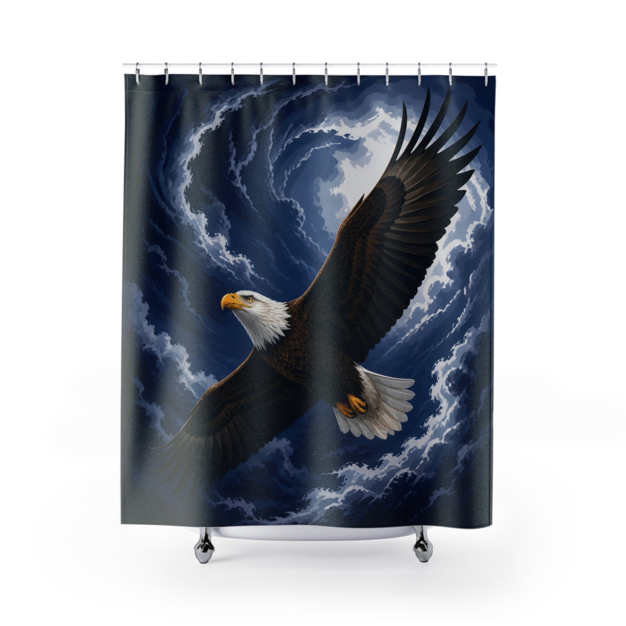 Bald eagle in flight across a navy moonlit sky shower curtain with full front view