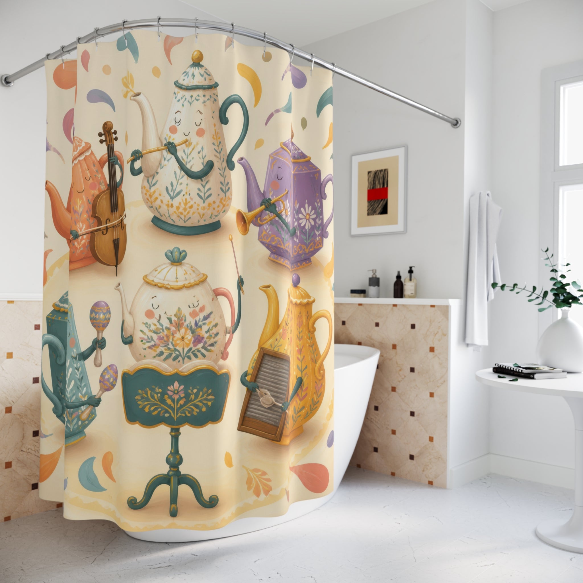 Whimsical floral teapot orchestra in coral and teal shower curtain beside a freestanding tub
