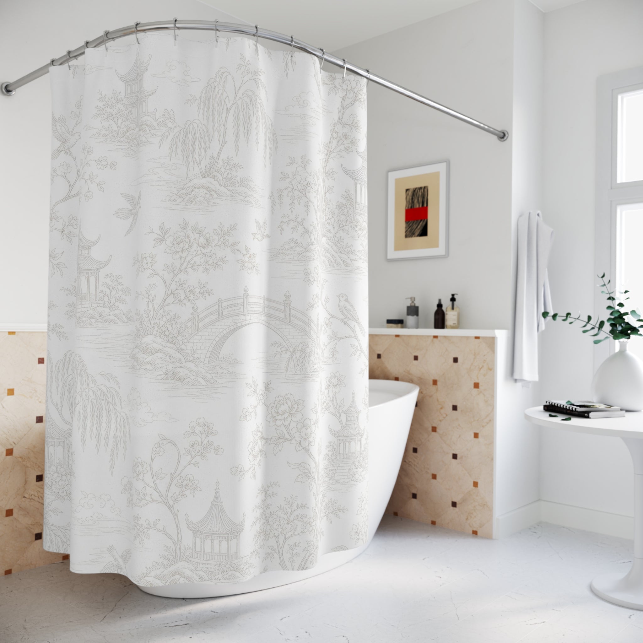White Chinoiserie Toile Shower Curtain