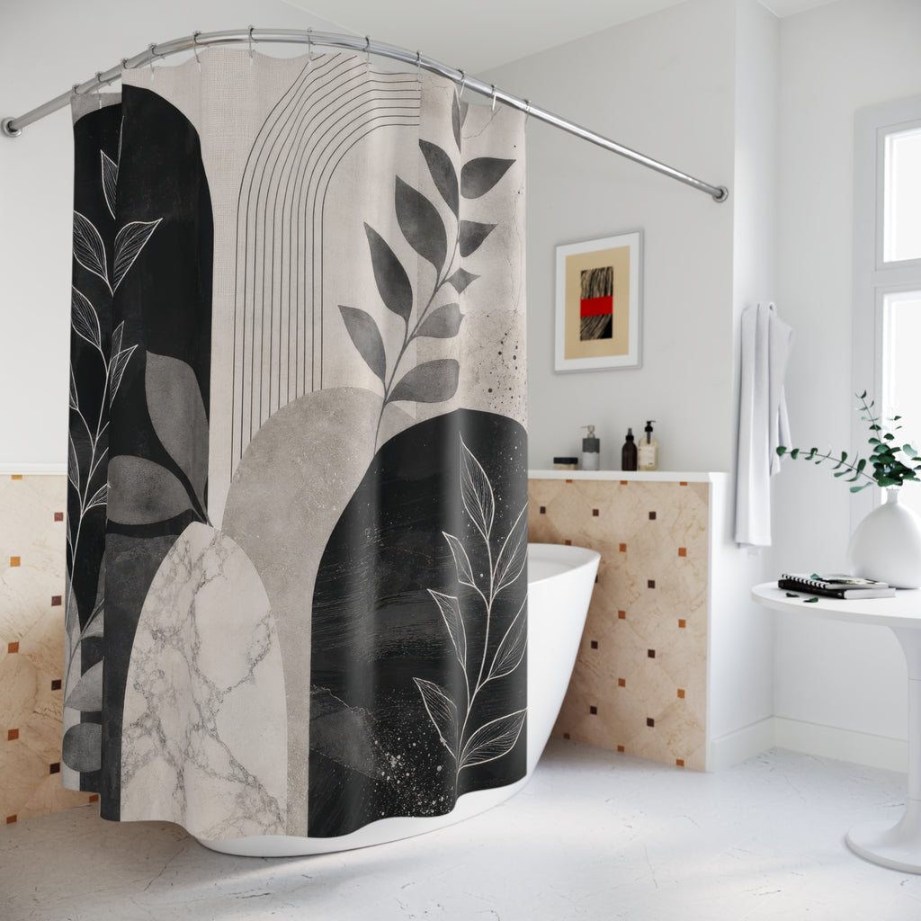 Black Grey and White Shower Curtain: Botanical Arch Pattern