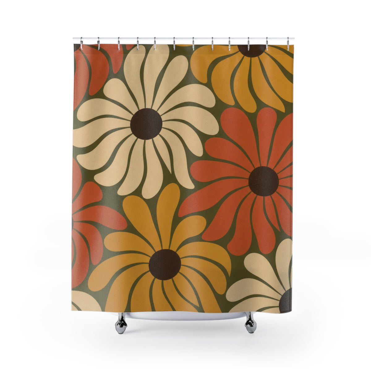 Terracotta mustard and cream daisy pattern shower curtain with full front view