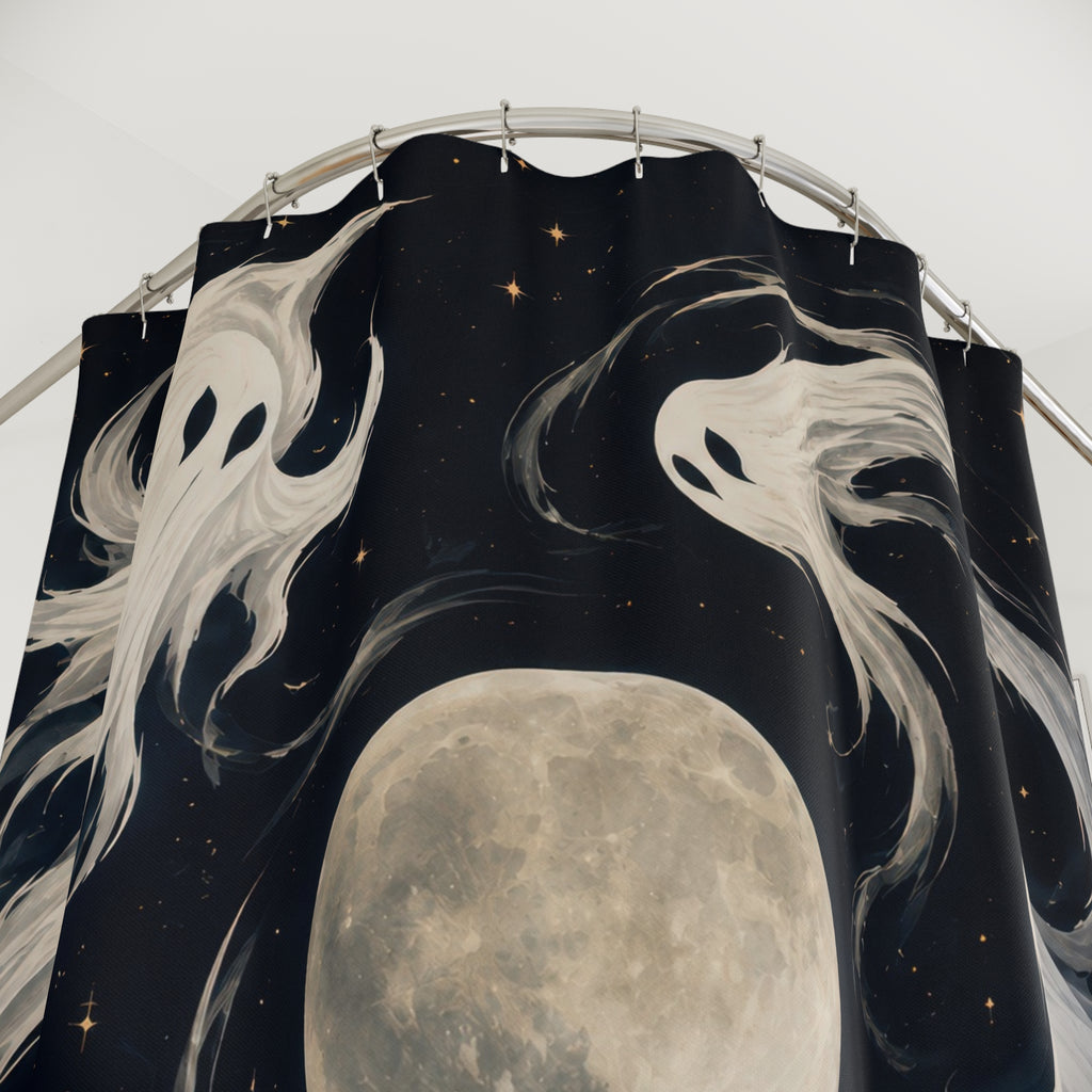 Ivory white ghosts orbiting a pale moon shower curtain with close-up print, hooks, and folds