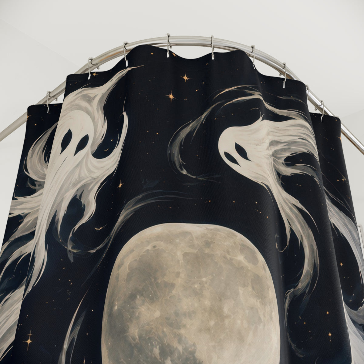Ivory white ghosts orbiting a pale moon shower curtain with close-up print, hooks, and folds