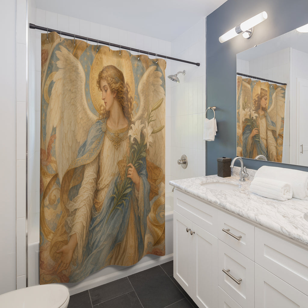 Archangel Gabriel Shower Curtain, Messenger Angel With Lilies, Blue White Renaissance Spiritual Bathroom Decor, Devotional Art, Lily Art