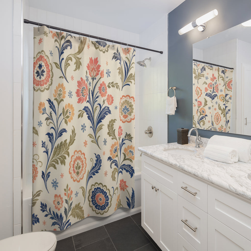 Indigo Coral Block Print Floral Shower Curtain