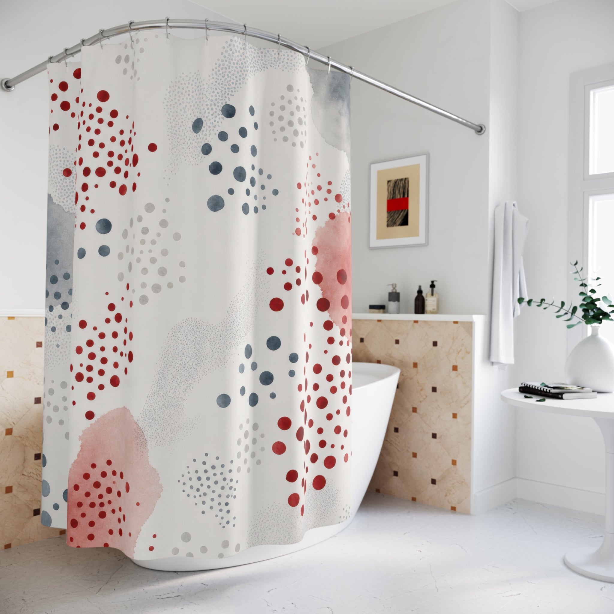 Red Gray Dot Abstract Watercolor Shower Curtain