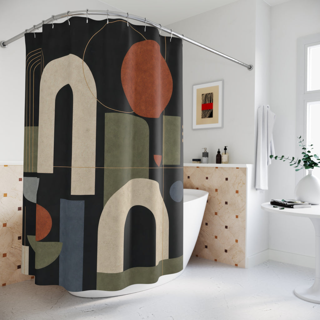 Black Geometric Shower Curtain, Art Deco Arch Pattern, Dark Modern Bath Decor, Olive Blue Terracotta Shapes, Moody Guest Bathroom, Bold