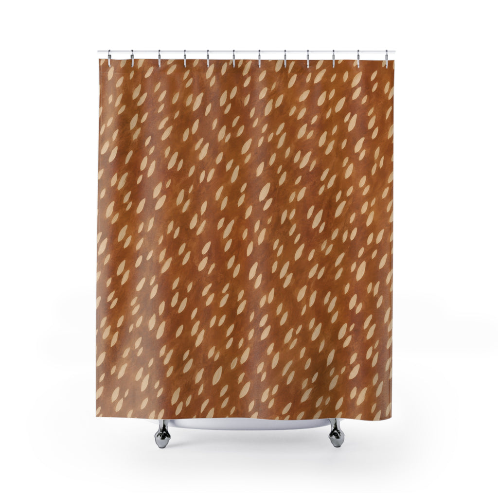 Ivory fawn spots scattered over golden caramel brown shower curtain with full front view
