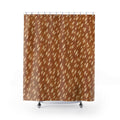 Ivory fawn spots scattered over golden caramel brown shower curtain with full front view