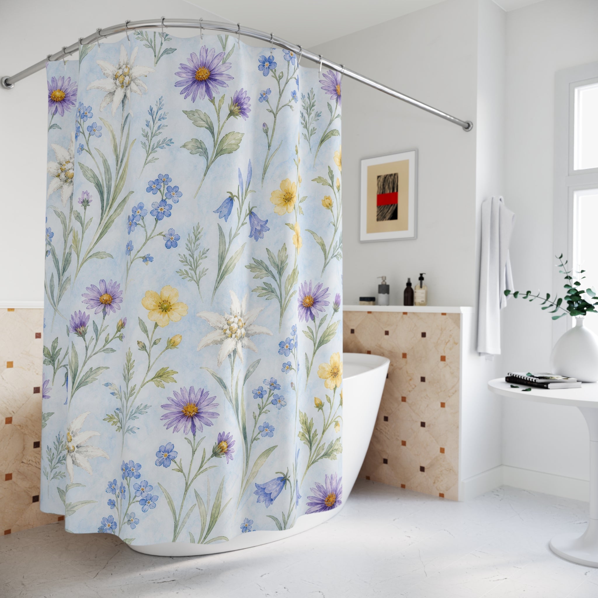 Blue Yellow Wildflower Watercolor Floral Pastel Flower Botanical Shower Curtain