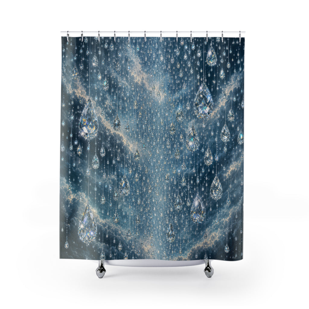 Unique Blue Shower Curtain, Crystal Rain Droplet Art, Sparkling Icy Bathroom Decor, Cool Abstract Guest Bath Wall Accent Gift For Home