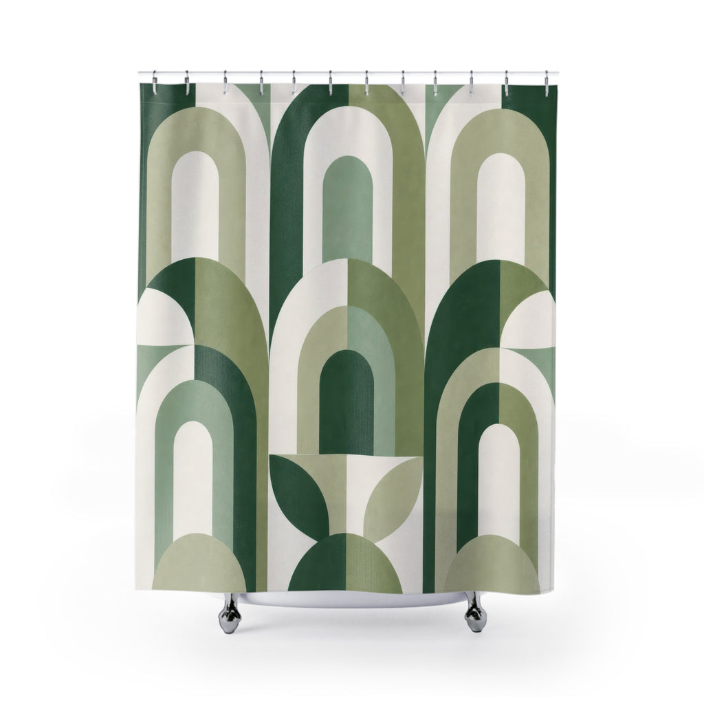 Green White Shower Curtain, Mid Century Arch Bath Decor, Sage Geometric Pattern, Modern Guest Bathroom Decor, Retro Green Style Decor