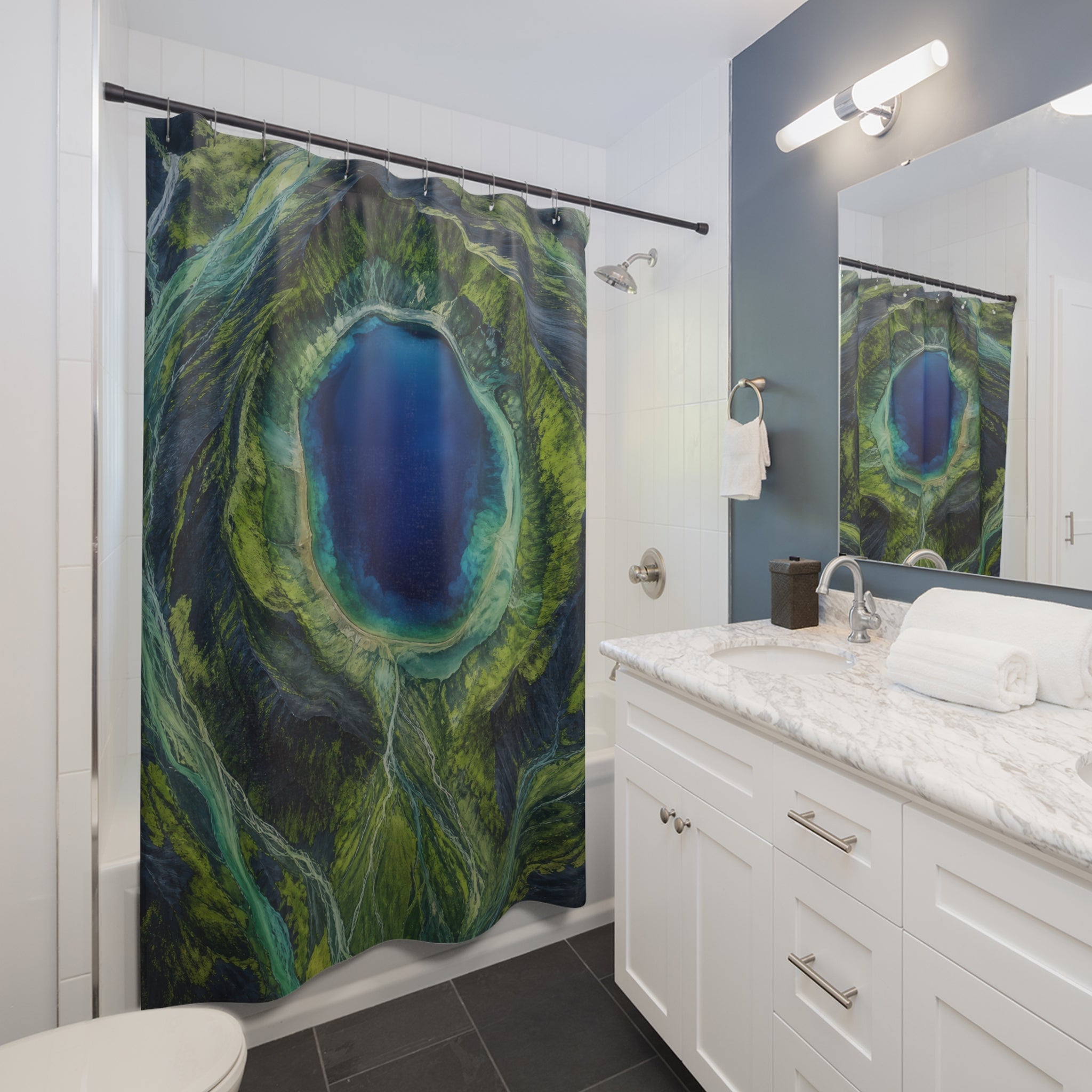 Blue and Green Aerial Crater Lake Shower Curtain
