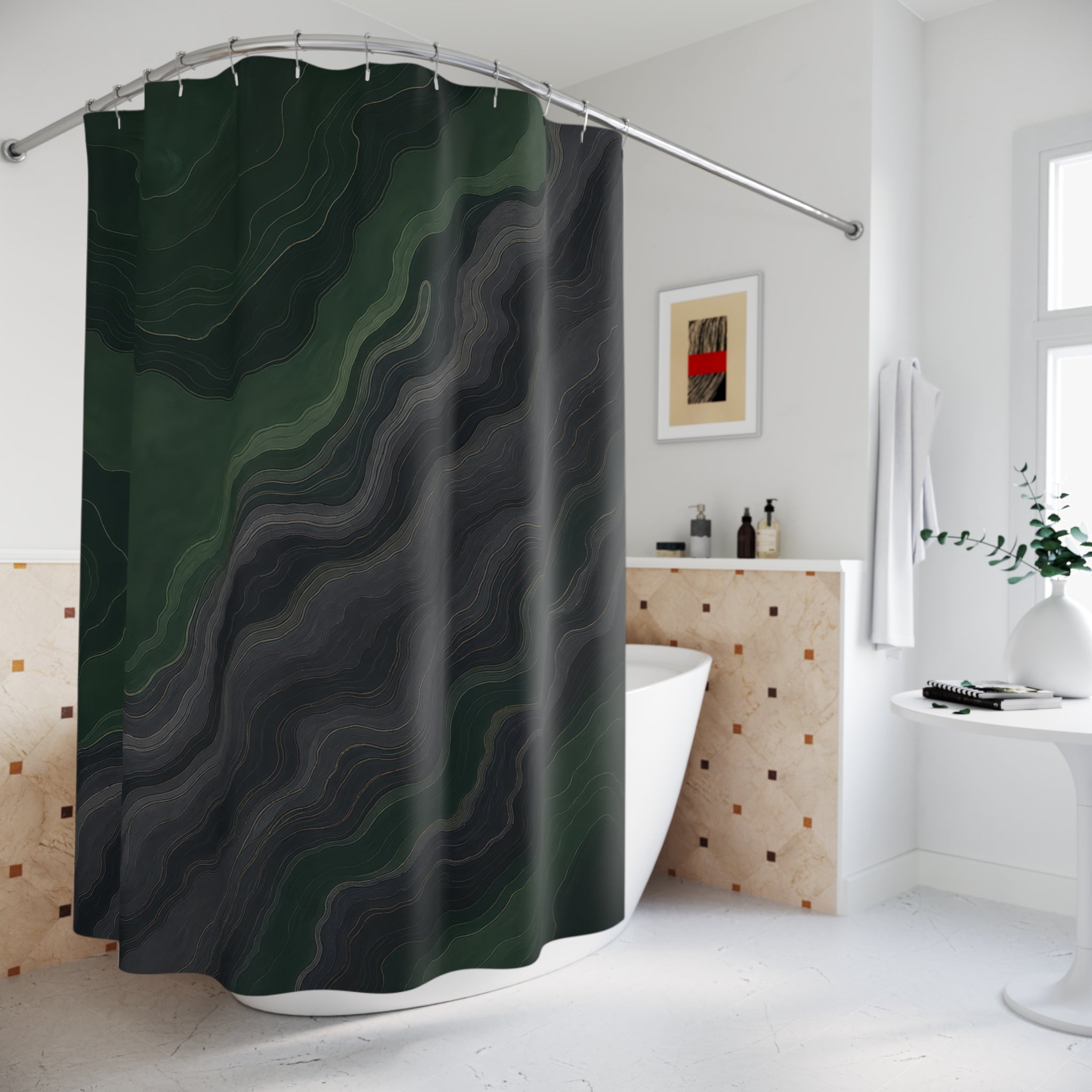 Dark Green and Dark Grey Topographic Shower Curtain