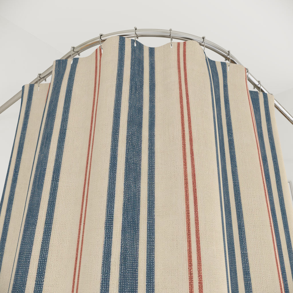 French Ticking Stripe Beige Blue Brown Coral Shower Curtain