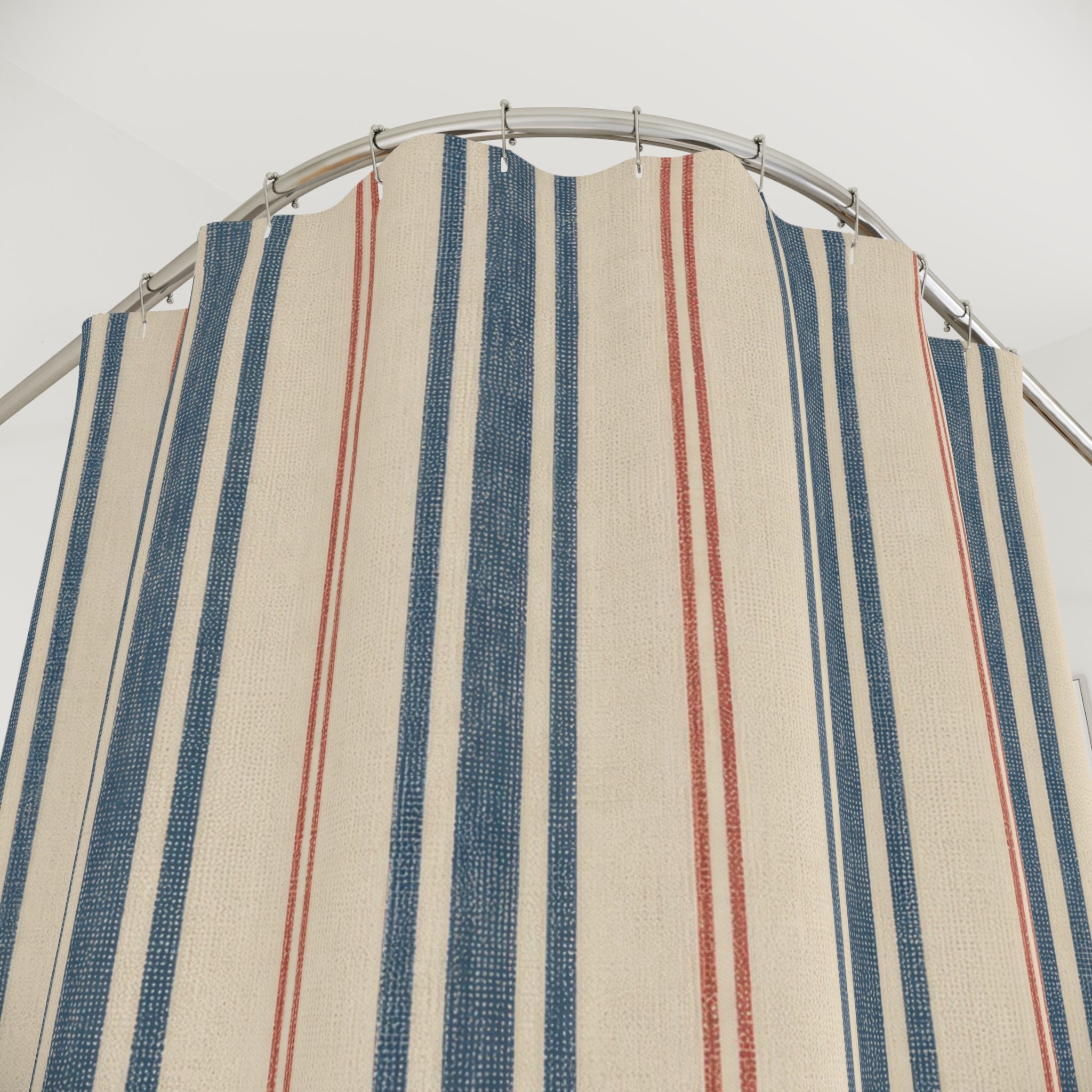 French Ticking Stripe Beige Blue Brown Coral Shower Curtain