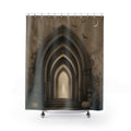Taupe Gothic archway with crescent moon bats vines and pumpkins shower curtain with full front view