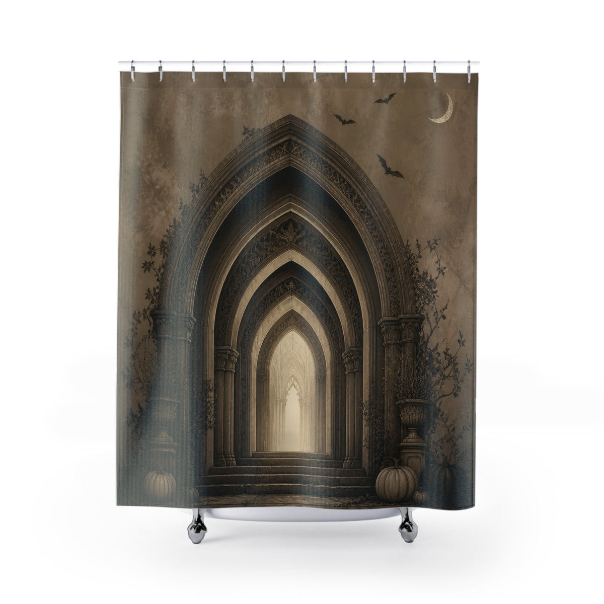 Taupe Gothic archway with crescent moon bats vines and pumpkins shower curtain with full front view