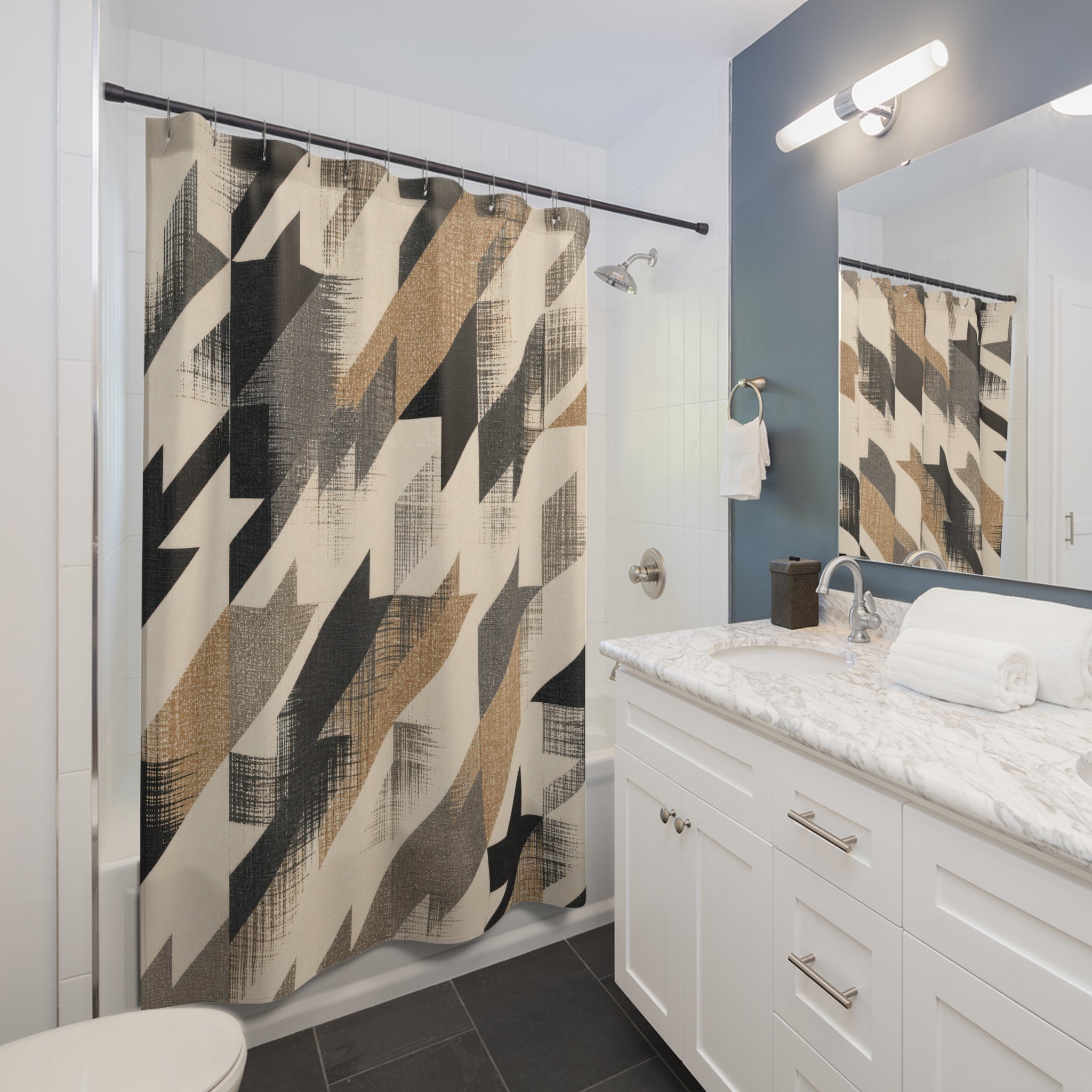Houndstooth Shower Curtain, Black Beige Broken Check Bath Decor, Oversized Diagonal Pattern, Bold Modern Neutral Guest Bathroom Decor