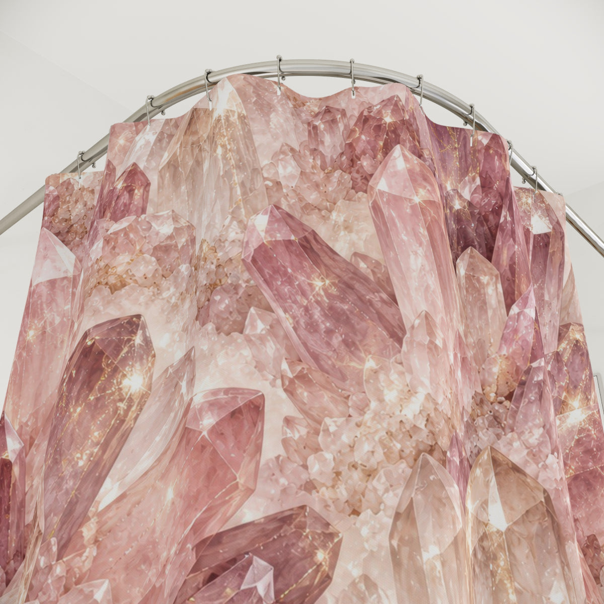 Pink and mauve quartz crystals with pale glints shower curtain with close-up print, hooks, and folds