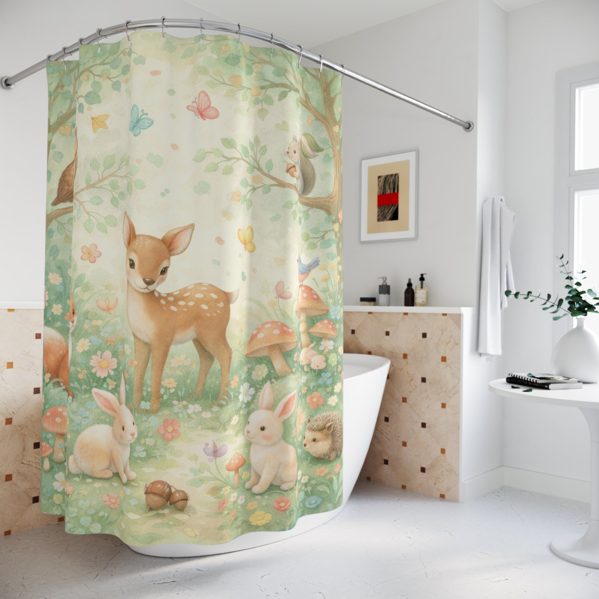 Woodland Animals Shower Curtain – Pastel Storybook