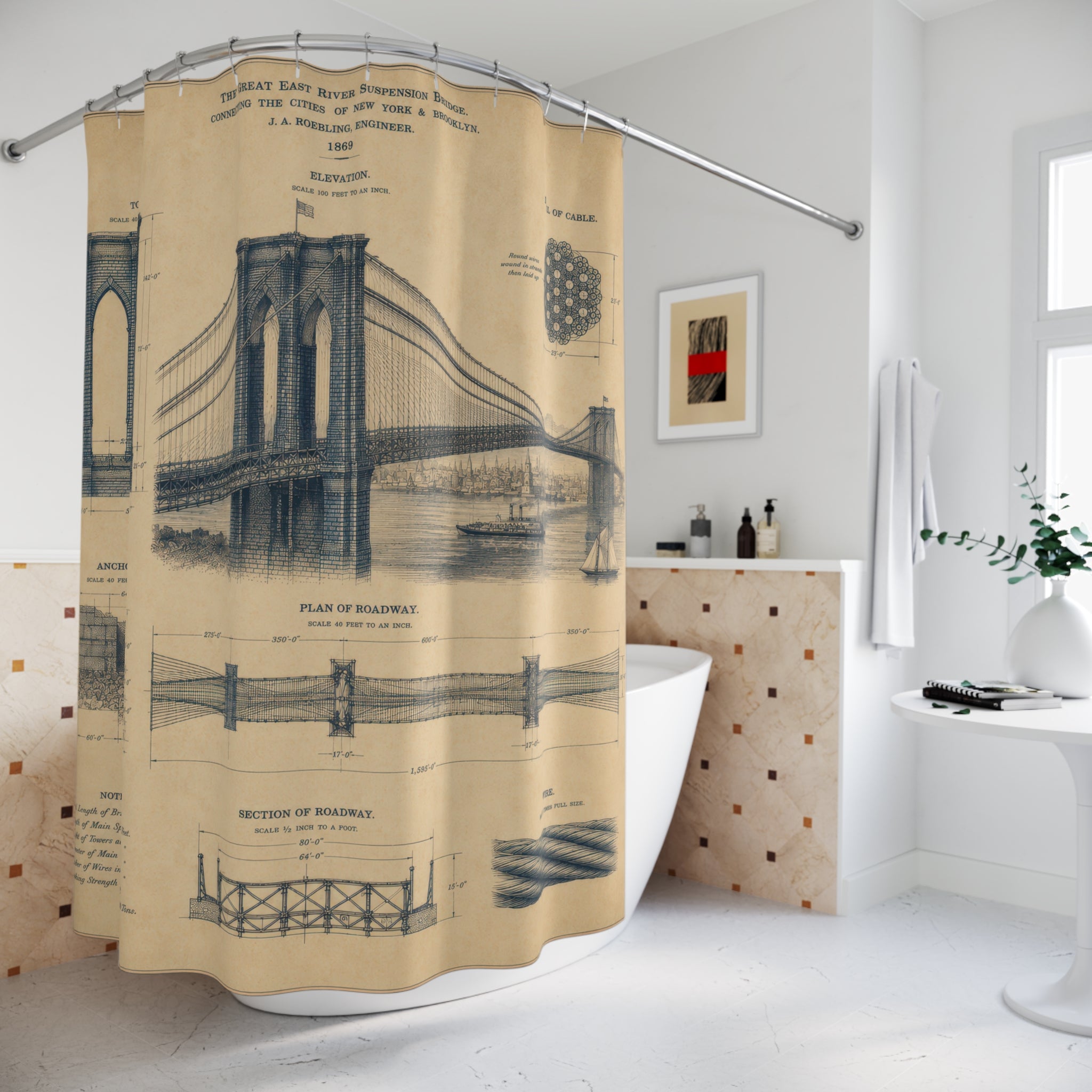 Vintage Bridge Shower Curtain: Architectural Blueprint